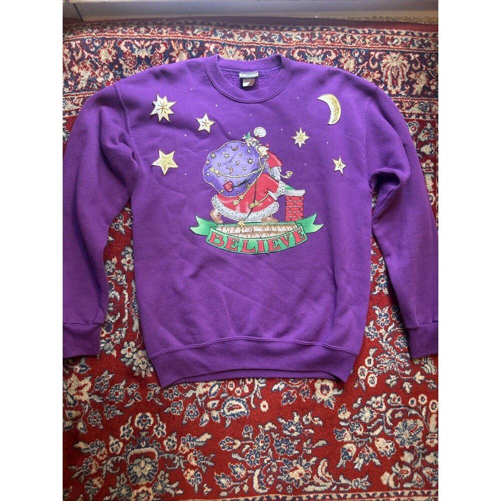 VTG LEE Sturdy Sweats 90s Holiday Sweatshirt Puff Paint Santa Purple - L
